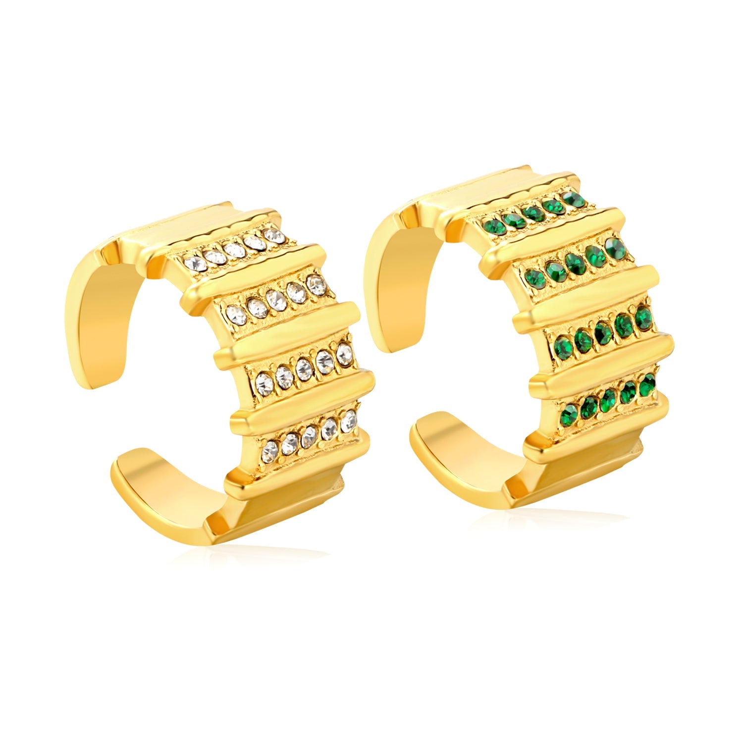 13mm Gold Open Ring with Organ - Shaped Band & White / Emerald Diamond Accents asonjewelry